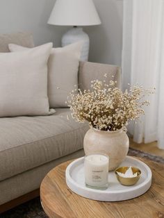 a living room with a couch, coffee table and flower pot on the end table