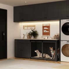 two dogs sitting in their kennels next to the washer and dryer