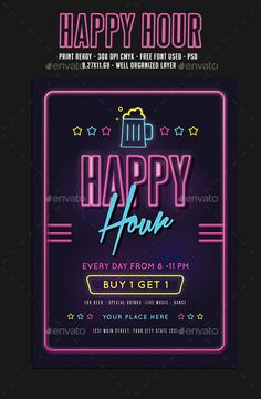 happy hour flyer template with neon colors