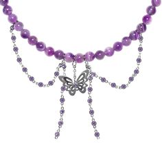 Y2K Purple Amethyst Beaded Butterfly Necklace | Buy at Khanie Y2k Fashion Purple, Handmade Necklace Tutorial, Beaded Butterfly Necklace, Y2k Jewellery, Purple Y2k, Skateboard Photos, Purple Bead Necklace, Beaded Butterfly, Y2k Design