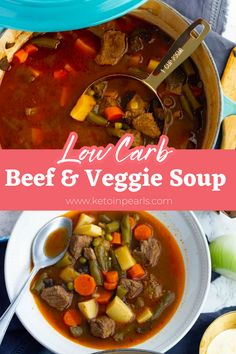 a bowl of beef and veggie soup with a spoon in it, on top of