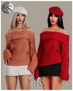 two women in short skirts and off the shoulder sweaters, one is wearing a red hat