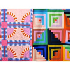 two quilts with different designs on them, one is pink and the other is blue