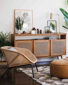 a living room with plants and furniture in it