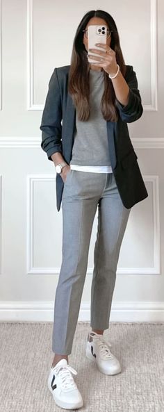 Athletic Business Outfit, Office Outfits Women Trainers, Gray Work Outfits Women, Womens Suits With Tennis Shoes, Gray Pant Work Outfit, Sneaker Professional Outfit, Work Clothes With Sneakers, Grey Ankle Pants Outfit, Comfy Business Casual Outfits Work