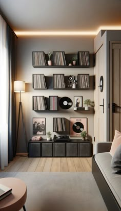 a living room filled with lots of furniture and shelves covered in vinyl record players on top of bookshelves