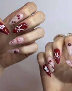 Red Bow Nail Art, Dark Red Bow Nails, Red Cherry Nail Designs, Cherry Coquette Nails, Cool Valentines Nails, Valentines Nails Dark, Cherry Bow Nails, Red And Cream Nails, Nail Designs Dark Red