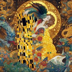 a painting of a woman hugging a man in front of a gold moon and fish