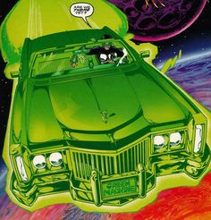 a green car with people in it and an alien on the roof, surrounded by planets