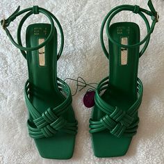 Brand New Pair Of Heel Sandals. Green Leather Strappy Heels, Green Strappy Leather Heels, Chic Green Sandals With 4-inch Heel, Trendy Green Heels With Buckle Closure, Green Strappy Sandals With Heel Strap, Green Closed Toe Heels For Vacation, Green Block Heel Sandals For The Beach, Green Block Heel Sandals For Beach, Green Synthetic Sandals With 4-inch Heel