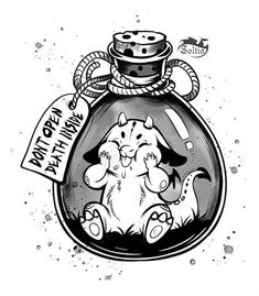 a black and white drawing of a dog in a glass jar with a sign on it