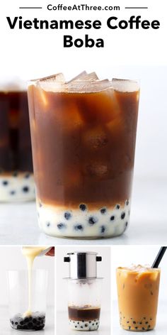 the vietnamese coffee boba is served with ice and syrup