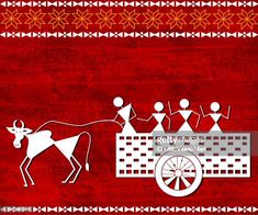 an illustration of people riding in a horse drawn carriage on a red and white background