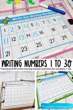 the writing numbers to 30 worksheet is shown with pencils and markers on it