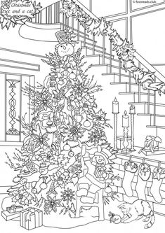 a christmas tree with presents under it in the living room coloring page for adults and children