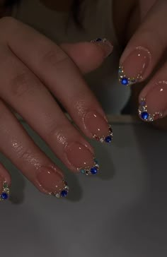 Buchifresa Nails Almond, Jewel French Tip Nails, Almond Nails Gems, Neutral Nails With Rhinestones, Shorties Nails Almond, Gem Designs On Nails, Virgo Inspired Nails, Buchona Nails, Nails Gems