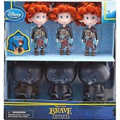 three toy figurines in the shape of brave characters