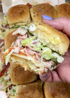 a hand holding a half eaten sandwich in front of a pile of other food items