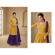 About Product :  Amp your beauty adorning this yellow colored flared style georgette Top crafted with thread, resham embroidery enhanced by sequins embellishment, that features round neck and quarter sleeves. Comes along with a Purple colored georgette lehenga and a Purple colored georgette dupatta, both in similar work embroidery. Fabric Details :- Top :  Heavy Blooming Georgette  Bottom : - Heavy Blooming Georgette  Dupatta :-Heavy Blooming Georgette  Work :- Embroidery Size:- Top Semi Stitched Up To 44/Bottom Stitch Up To 46  Type :- Ready to Wear Wash :- First Time Dry Clean Occasion: Festive, Mehndi, Sangeet, Wedding Customize Stitching : Please Provide your complete size. We will stitch your outfit according to your size .  Disclaimer: Actual Color May Slightly vary From the Image Sh Plazzo Dress, Georgette Sharara, Resham Embroidery, Designer Salwar Kameez, Georgette Lehenga, Sharara Suits, Lehenga Suit, Georgette Tops, Designer Salwar