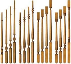 an assortment of wooden balustiers and poles on a white background with clippings