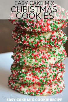 christmas cookies stacked on top of each other with sprinkles in the middle