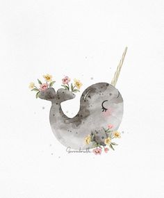 a watercolor painting of a whale with flowers