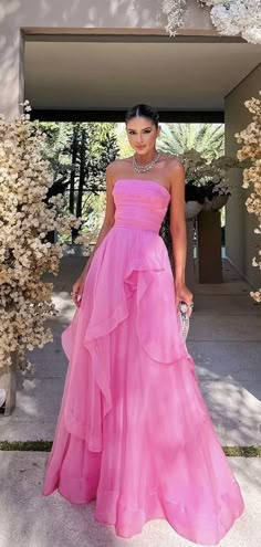 Simple Pink A-line Strapless Maxi Long Prom Dresses,Evening Dresses,13 – LoverBridal Strapless Organza, Modest Evening Dress, Prom Dresses Long Pink, Long Formal Gowns, Strapless Prom Dresses, Pink Prom Dress, Prom Dresses Modest, Pink Prom