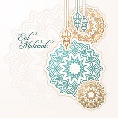 an arabic greeting card with intricate ornaments and lanterns on the strings for eid mubarak