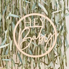 the logo for hey baby is surrounded by green leaves and branches with white lettering that reads hey baby