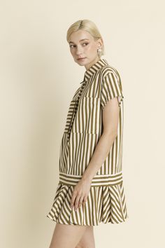 Details: short sleeve olive and white stripes shirt dress collar drop waist size guide: Model is 5'9" and is wearing a size Small Maxi Romper, Dress Collar, White Stripes Shirt, Striped Shirt Dress, Drop Waist, Collar Dress, Resort Wear, Waist Size, Outerwear Jackets