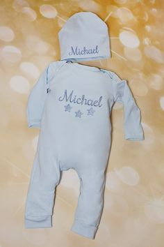 "Baby blue romper with matching personalized hat for your adorable little baby! Light cotton fabric is perfect to spring or summer months...so soft.. Beautiful cotton romper and hat.. ... super cute.. ... snaps on the bottom for easy dressing.. Please choose romper set or Personalized romper set , name on hat and name on romper with stars from the pull down menu Embroidered name on hat and name with stars under .. if you would like something custom, please contact me first Matching blanket is av Personalized Blue Cotton Hats, Summer Baby Photos, Cute Snaps, Toddler Boy Romper, Personalized Hat, Baby Boy Monogram, Boy Monogram, Combi Short