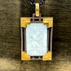 This pendant features an original antique mother-of-pearl Chinese gambling counter that has been finely engraved with a beautiful scene depicting life in 18th Century China. These gaming counters were carved in China for export to Britain, where they were used in games the way we use poker chips. Each gaming counter is set in a handmade 18k yellow gold and blackened silver mounting inspired by the architecture of Ancient China. Handmade by our jewelers in Los Angeles, this is a real conversation Antique Engraved Necklace With Rectangular Pendant, Antique Engraved Rectangular Necklace, Antique Rectangular Engraved Necklace, Antique Engraved Rectangular Pendant Necklace, Engraved Mother Of Pearl Pendant Necklace, Mother Of Pearl Engraved Necklace For Gift, Engraved Mother Of Pearl Necklaces For Gifts, Real Conversation, Poker Chips