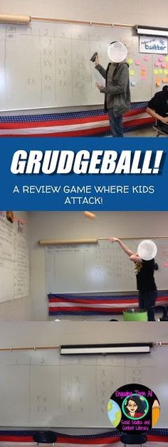 a group of people standing in front of a whiteboard with words grudgeball