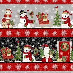 two christmas themed banners with snowmen and santa clause on red, white and black background