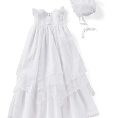 Brand New Christening / Baptismal Gown, Never Worn. Still In The Plastic Garment Bag With Matching Bonnet. From Description On Bloomingdale's Website: White Fits True To Size Round Neck Empire-Waist Silhouette Back Button Closure Lace Trim Lined Comes With Matching Ruffled Bonnet With Ribbon Ties Imported Https://Www.Bloomingdales.Com/Shop/Product/Pippa-Julie-Girls-Christening-Gown-Bonnet-Set-Baby?Id=2797570 Spring Baptism Gown With Ruffles, White Cotton Baptism Gown, White Summer Gown For Dress-up, Baby Special Occasion Dress, Christening Dress Baby Girl, Blessing Dress, Smocked Baby Dresses