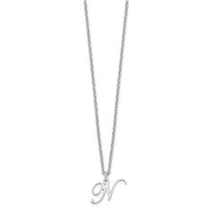 Rhodium over sterling silver polished finish letter "N" initial necklace with 18-inch long cable chain and lobster claw clasp. Pendant measures approximately 7/16"L x 3/8"W. N Initial Necklace, N Necklace, N Initial, Letter N, Necklace Silver, Initial Necklace, To Miss, Cable Chain, Lobster Claw