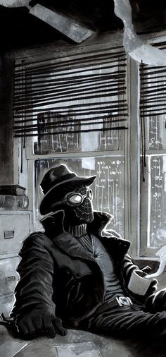 a black and white drawing of a man in a gas mask sitting at a table