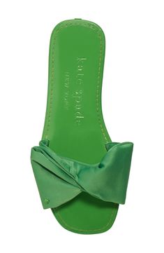 Layered bows offered in a mix of prints and colors pop at the top of a sweet slide sandal. Flat sole Textile upper/rubber lining and sole Imported Green Synthetic Slides For Spring, Green Flat Heel Slides For Spring, Green Spring Slides, Trendy Green Slides For Spring, Bow Slides, Bow Flats, Kate Spade Shoes, Strappy Sandals, Retro Inspired