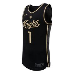 a black basketball jersey with the number 1 on it and gold trimmings, in front of a white background