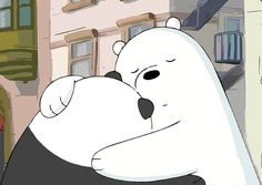 a polar bear is hugging his friend on the street