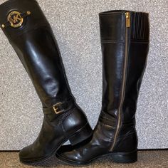 Michael Kors Stockard Leather High Boots / Winter Riding Boots / Just Everyday Boots/ Inside Zipper Closure/ Knee High/ Round Toe / Gold Tone Logo Hardware/ See All Pictures For Measurements/ Good Condition (Preowned Michael Kors Leather Boots For Fall, Michael Kors Black Leather Boots, Michael Kors Elegant Leather Boots, Elegant Michael Kors Leather Boots, Leather High Boots, Everyday Boots, Winter Riding, High Leather Boots, Boots Winter