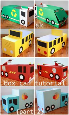 four different views of a cardboard fire truck