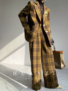 Highend quality retro plaid woolen wide-leg pants trouser jacket suit – ORUMATORU Brown Fall Pantsuit For Office, Plaid Suit For Office In Fall, Plaid Suit For Fall Office Wear, Fall Plaid Suit For Office, Retro Coffee, Jacket Suit, Suit Pants, Black Friday Sale, Wide Leg Pants