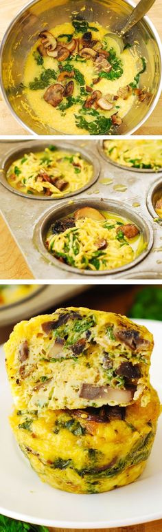 three different views of food being cooked in muffin tins