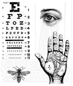 an eye chart with the words and symbols on it, as well as a hand that has