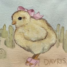 a painting of a chicken with a pink bow on it's head standing in the dirt