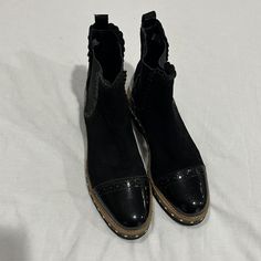 Sz 38. Free People Patent And Suede Chelsea With Studs. Worn A Few Times. Super Cute Black Ankle Boots With Brogue Detailing, Black Leather Slip-on Boots, Black Brogue Boots With Closed Toe, Black Brogue Detailed Closed Toe Boots, Black Brogue Closed Toe Boots, Black Brogue Detailed Boots For Fall, Black Brogue Boots For Fall, Black Slip-on Boots With Textured Sole, Black Pointed Toe Boots With Textured Sole