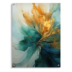 an abstract painting with gold, blue and green colors on a white wall mounted canvas