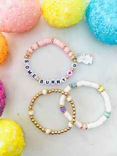 Some Bunny is going to love these!! Order yours today! Easter Heishi Bracelet, Easter Clay Bead Bracelet Ideas, Playful Beaded Bracelets As Spring Gifts, Handmade Cute Bracelets For Spring, Cute Handmade Bracelets For Spring, Cute Spring Bracelet Jewelry, Fun White Personalized Gift Jewelry, Fun White Personalized Jewelry Gift, Playful White Bracelets For Personalized Gifts