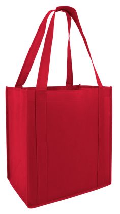 a red shopping bag with handles and straps on the front, it has a zippered closure